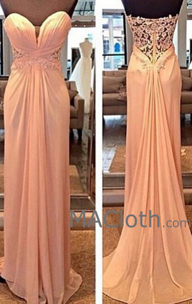 MACloth Strapless Sweetheart Long Chiffon Lace Evening Prom Formal Gown Wedding Party Dress