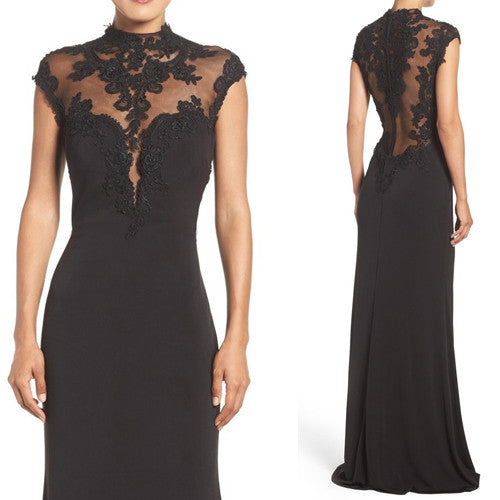 MACloth Mermaid Cap Sleeves Lace Jersey Evening Gown Black Mother of the Brides Dress