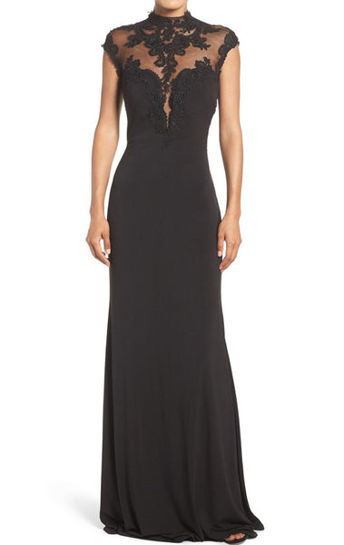 MACloth Mermaid Cap Sleeves Lace Jersey Evening Gown Black Mother of the Brides Dress