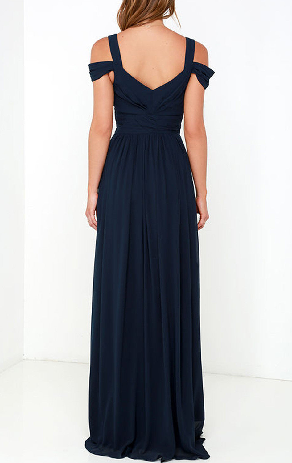 Vestido de fiesta largo de gasa con hombros descubiertos de MACloth, vestido de fiesta formal azul marino oscuro