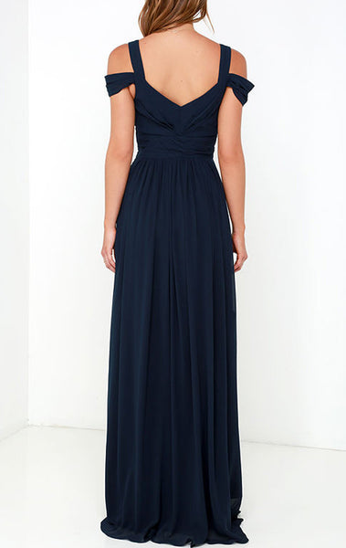 MACloth Off the Should Chiffon Long Prom Dress Dark Navy Formal Ball Gown