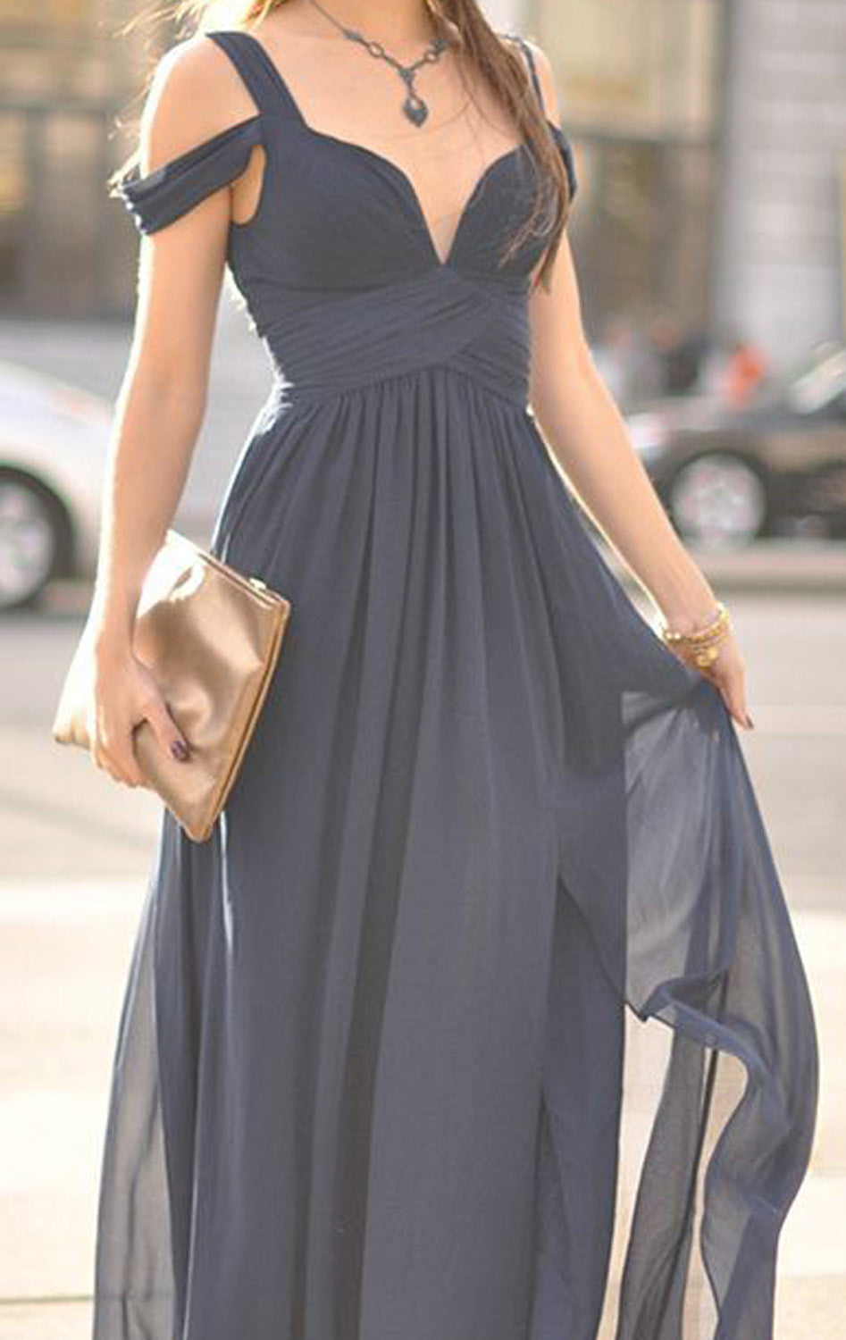 Vestido de fiesta largo de gasa con hombros descubiertos de MACloth, vestido de fiesta formal azul marino oscuro