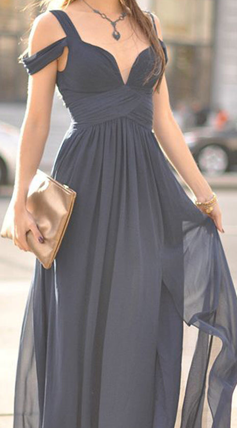 MACloth Off the Should Chiffon Long Prom Dress Dark Navy Formal Ball Gown