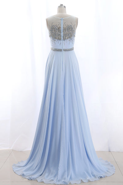 MACloth Illusion Beaded Long Sky Blue Prom Dress Chiffon Formal Gown