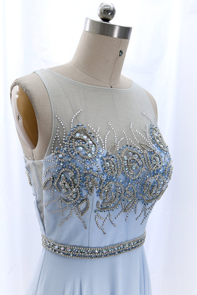 MACloth Illusion Beaded Long Sky Blue Prom Dress Chiffon Formal Gown