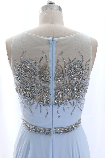 MACloth Illusion Beaded Long Sky Blue Prom Dress Chiffon Formal Gown