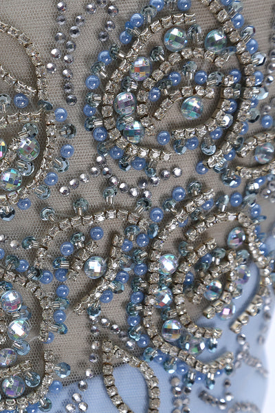 MACloth Illusion Beaded Long Sky Blue Prom Dress Chiffon Formal Gown