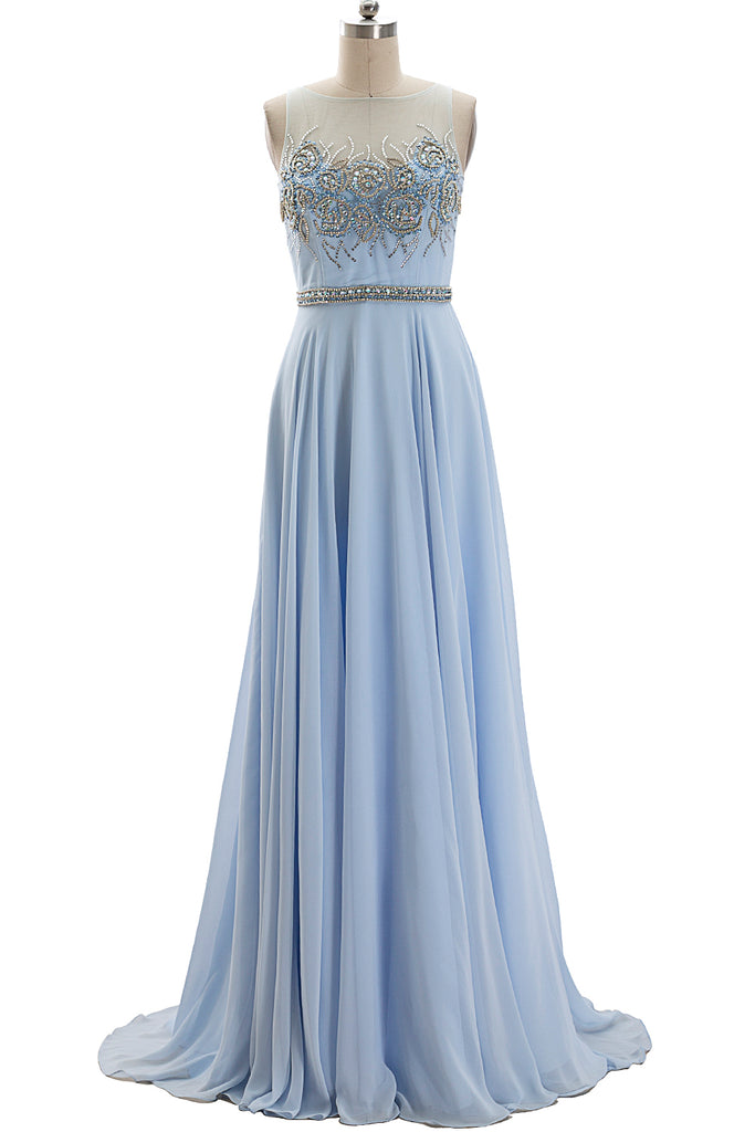 MACloth Illusion Beaded Long Sky Blue Prom Dress Chiffon Formal Gown