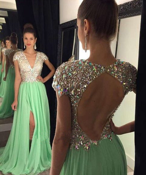 MACloth Flügelärmel V-Ausschnitt Kristalle Chiffon Langes Mint Ballkleid Abendkleid