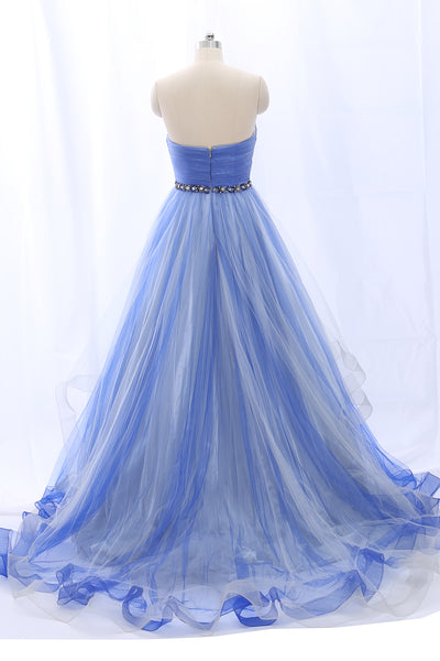 MACloth Strapless Sweetheart Long Tulle Blue Ball Gown Formal Prom Dress