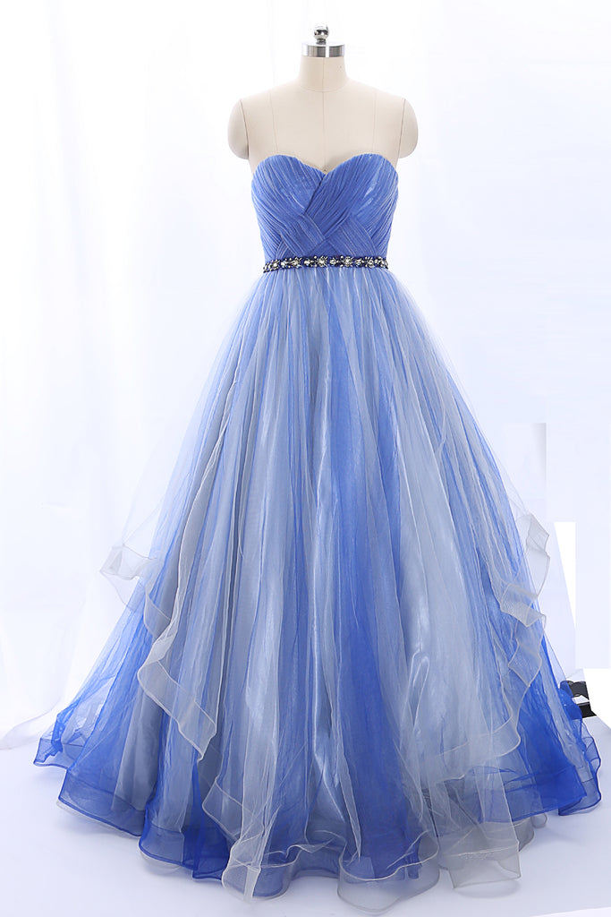 MACloth Strapless Sweetheart Long Tulle Blue Ball Gown Formal Prom Dress