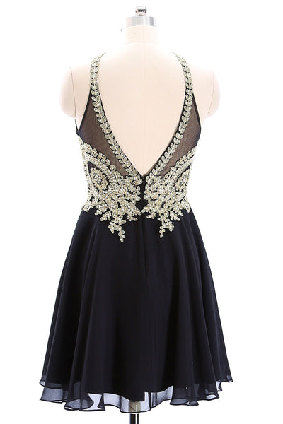 MACloth Halter Gold Lace Black Chiffon Mini Prom Homecoming Dress Little Black Dress
