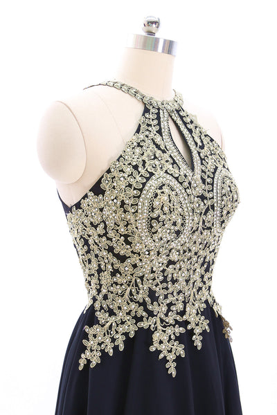 MACloth Halter Gold Lace Black Chiffon Mini Prom Homecoming Dress Little Black Dress