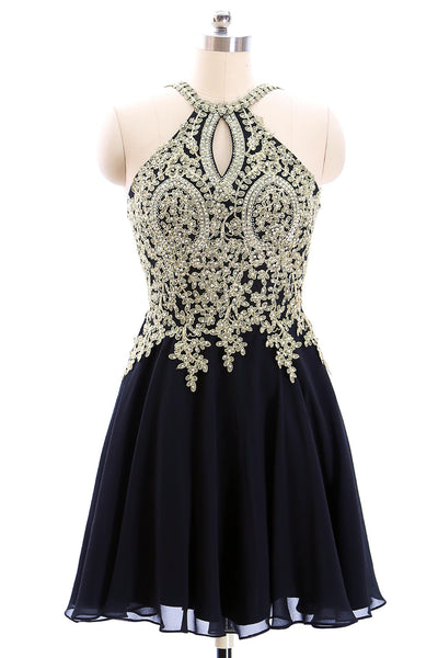 MACloth Halter Gold Lace Black Chiffon Mini Prom Homecoming Dress Little Black Dress
