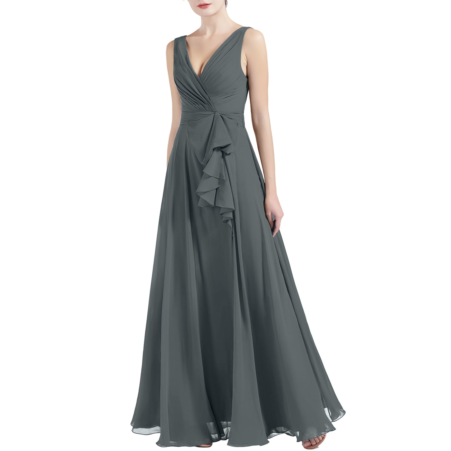 MACloth Women V Neck Long Pleated A Line Wedding Party Bridesmaid Dresses Slit