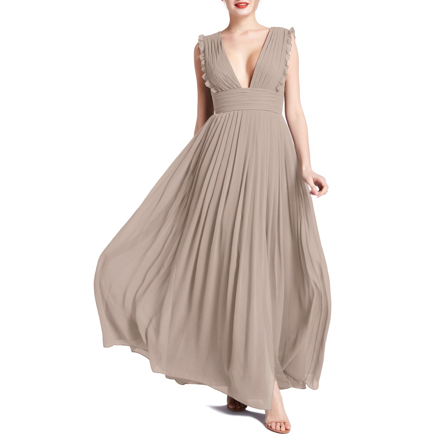 MACloth Women V Neck Ruffle Long Pleated Wedding Party Bridesmaid Dresses
