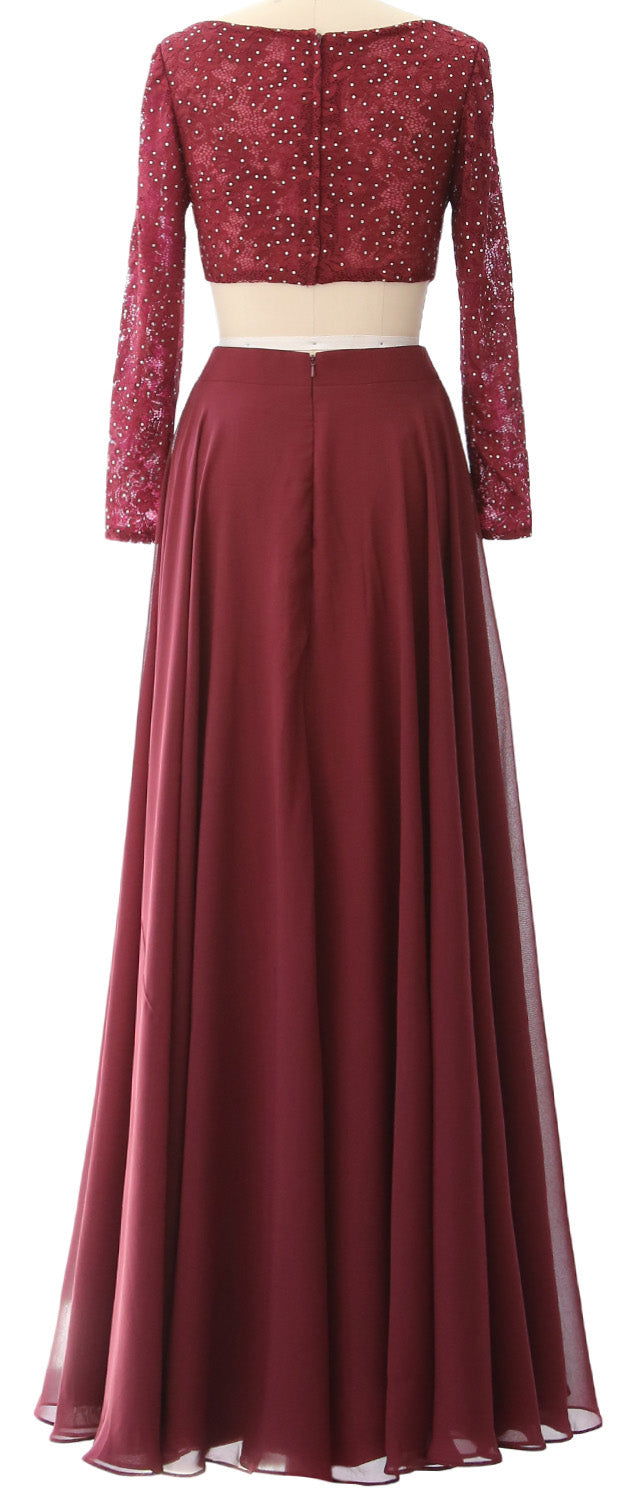 MACloth Damen Abendkleid aus Spitze und Chiffon, 2-teilig, lange Ärmel, Ballkleid