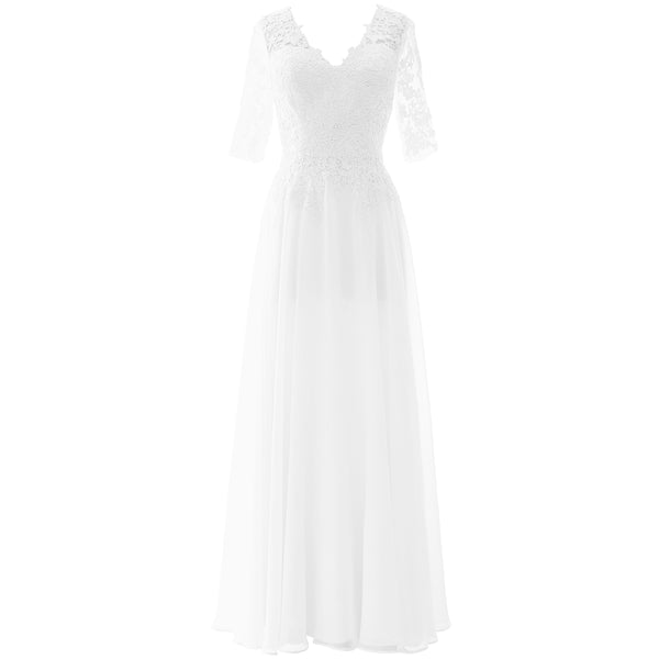 MACloth Long Maxi Mother Bride Dresses Short Sleeve Lace V Neck Evening Gown