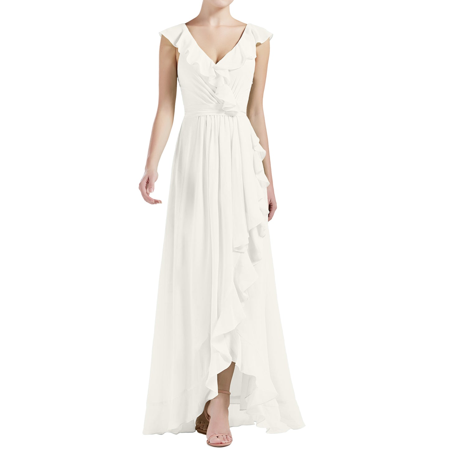 MACloth Women V Neck Ruffle Cap Sleeve Hi-Lo Long Wedding Bridesmaid Dresses