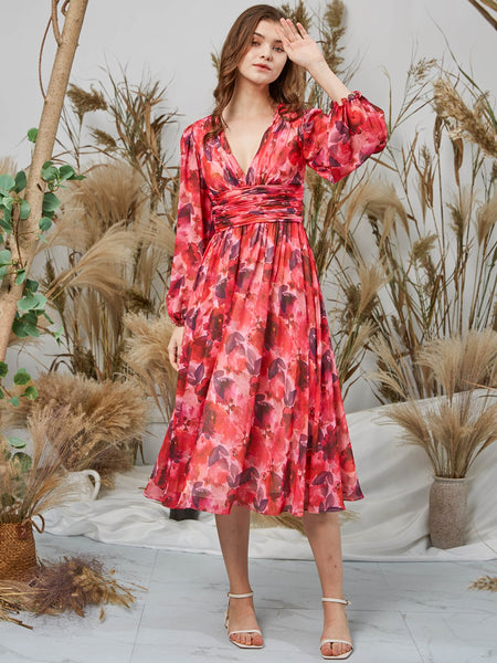 MissJophiel Women V Neck Long Sleeves Midi Red Floral Wedding Party Guest Dresses Holiday Casual Cocktail