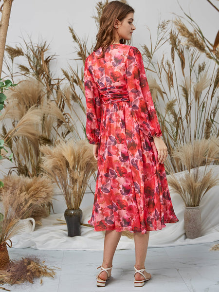 MissJophiel Women V Neck Long Sleeves Midi Red Floral Wedding Party Guest Dresses Holiday Casual Cocktail