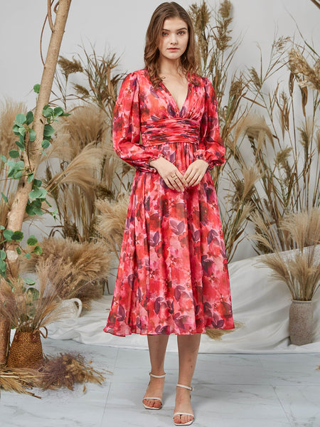 MissJophiel Women V Neck Long Sleeves Midi Red Floral Wedding Party Guest Dresses Holiday Casual Cocktail