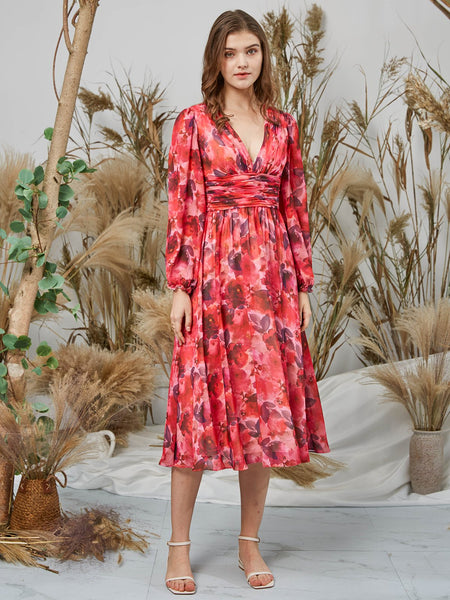 MissJophiel Women V Neck Long Sleeves Midi Red Floral Wedding Party Guest Dresses Holiday Casual Cocktail
