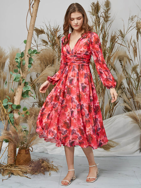 MissJophiel Women V Neck Long Sleeves Midi Red Floral Wedding Party Guest Dresses Holiday Casual Cocktail