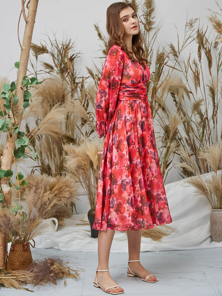 MissJophiel Women V Neck Long Sleeves Midi Red Floral Wedding Party Guest Dresses Holiday Casual Cocktail