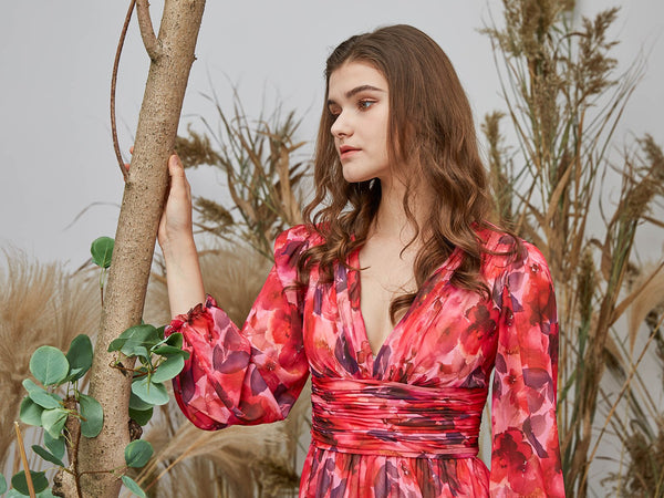 MissJophiel Women V Neck Long Sleeves Midi Red Floral Wedding Party Guest Dresses Holiday Casual Cocktail