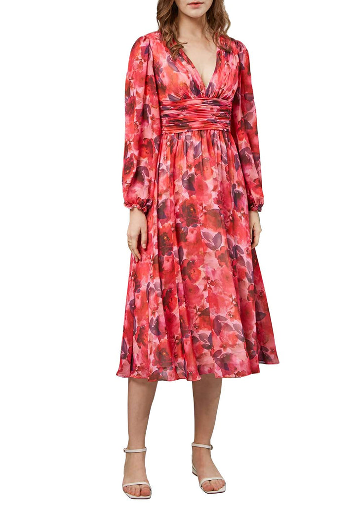 MissJophiel Women V Neck Long Sleeves Midi Red Floral Wedding Party Guest Dresses Holiday Casual Cocktail