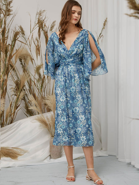 MissJophiel V Neck 3/4 Sleeves Tea Length Floral Casual Wedding Party Summer Guest Dresses
