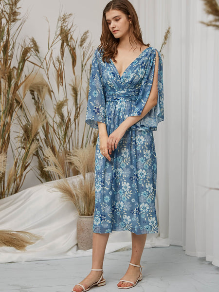 MissJophiel V Neck 3/4 Sleeves Tea Length Floral Casual Wedding Party Summer Guest Dresses