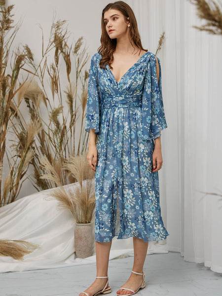 MissJophiel V Neck 3/4 Sleeves Tea Length Floral Casual Wedding Party Summer Guest Dresses