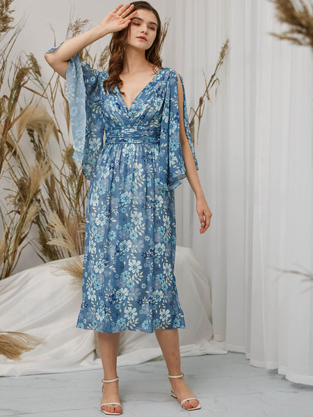 MissJophiel V Neck 3/4 Sleeves Tea Length Floral Casual Wedding Party Summer Guest Dresses