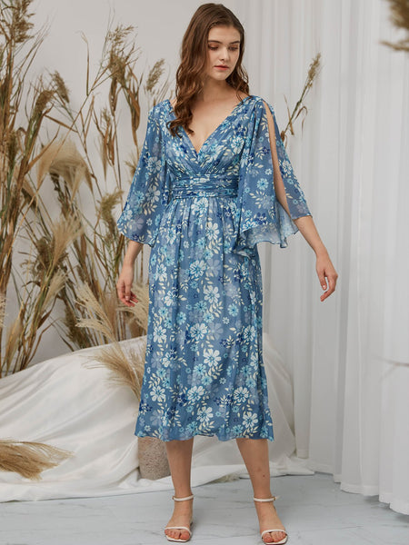 MissJophiel V Neck 3/4 Sleeves Tea Length Floral Casual Wedding Party Summer Guest Dresses