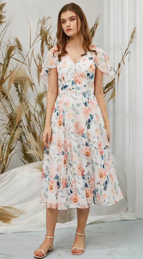 MissJophiel Batwing Short Sleeves Tea Length Casual Wedding Party Guest Bridesmaid Dresses