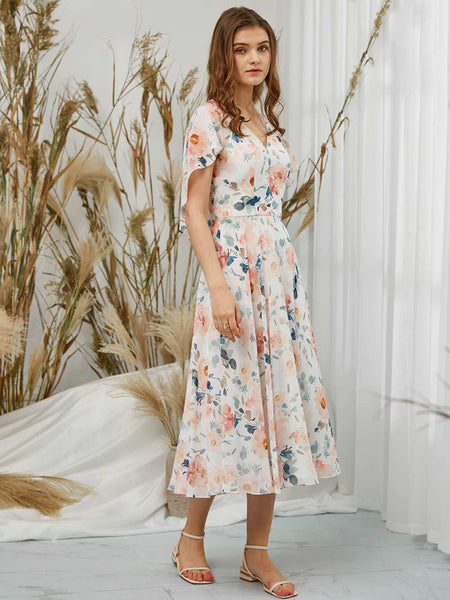 MissJophiel Batwing Short Sleeves Tea Length Casual Wedding Party Guest Bridesmaid Dresses