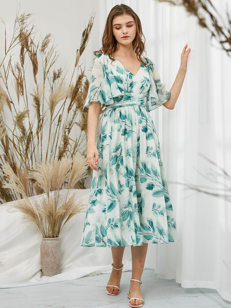 MissJophiel Women Ruffled Half Sleeves Midi Floral Dresses for Wedding Party Guest Bride Bridesmaid Cocktail Casual