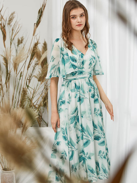 MissJophiel Women Ruffled Half Sleeves Midi Floral Dresses for Wedding Party Guest Bride Bridesmaid Cocktail Casual