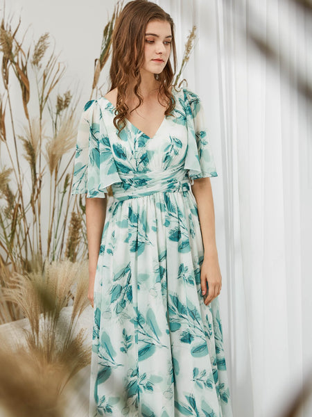 MissJophiel Women Ruffled Half Sleeves Midi Floral Dresses for Wedding Party Guest Bride Bridesmaid Cocktail Casual