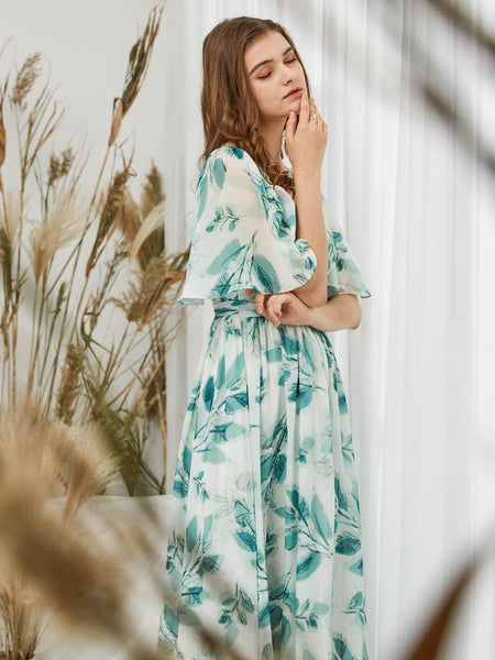 MissJophiel Women Ruffled Half Sleeves Midi Floral Dresses for Wedding Party Guest Bride Bridesmaid Cocktail Casual