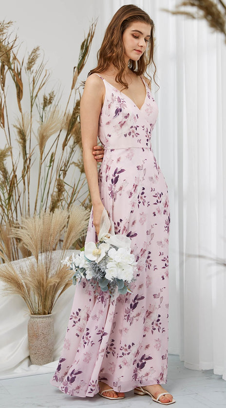MissJophiel Women V Neck Maix Long Floral Dresses for Wedding Bridel Party Bridesmaid Guest Formal Evening Gown