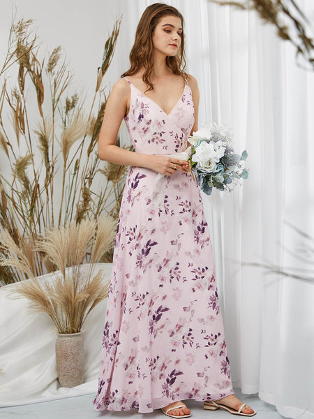 MissJophiel Women V Neck Maix Long Floral Dresses for Wedding Bridel Party Bridesmaid Guest Formal Evening Gown