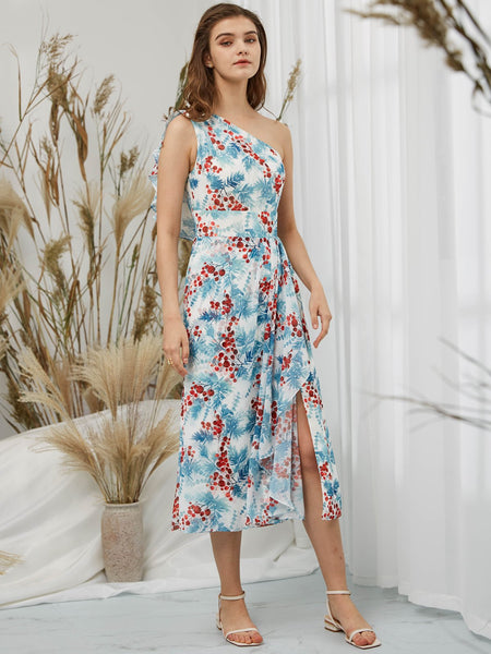 MissJophiel Women One Shoulder Tea Length Floral Dresses for Wedding Bride Party Guest Bridesmaid Causal Cocktail