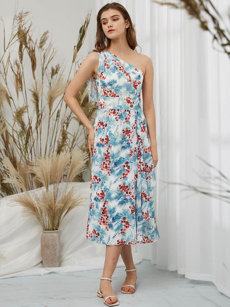 MissJophiel Women One Shoulder Tea Length Floral Dresses for Wedding Bride Party Guest Bridesmaid Causal Cocktail