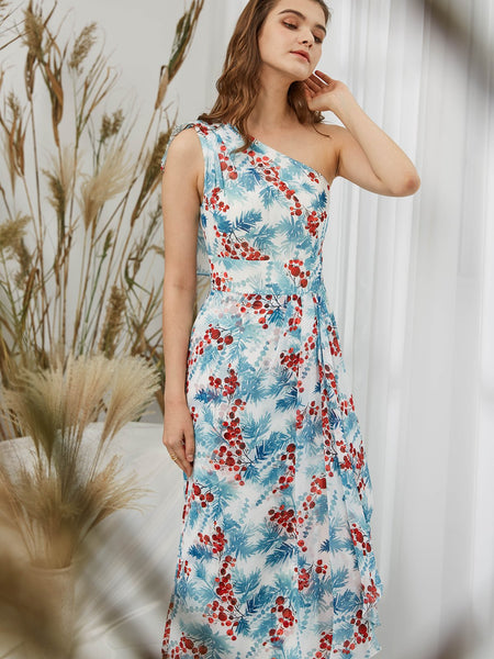 MissJophiel Women One Shoulder Tea Length Floral Dresses for Wedding Bride Party Guest Bridesmaid Causal Cocktail