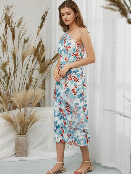 MissJophiel Women One Shoulder Tea Length Floral Dresses for Wedding Bride Party Guest Bridesmaid Causal Cocktail