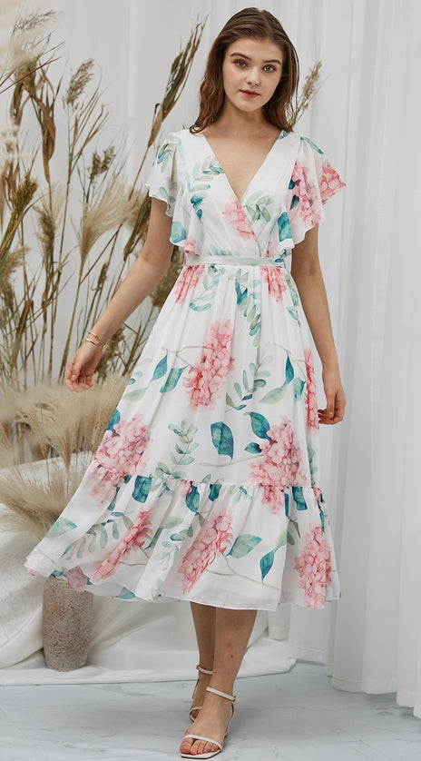 MissJophiel Women Ruffle Short Sleeves Midi V Neck Wedding Bride Party Mother Bride Guest Dresses Cocktail Casual Gown