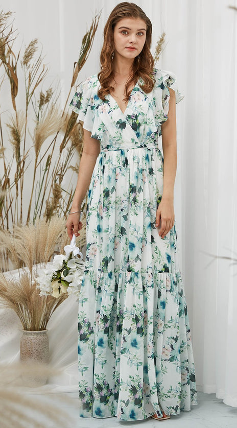 MissJophiel Women V Neck Surplice Ruffle Floral Tiered Maxi Long Wedding Party Bridesmaid Evening Dinner Prom Gown